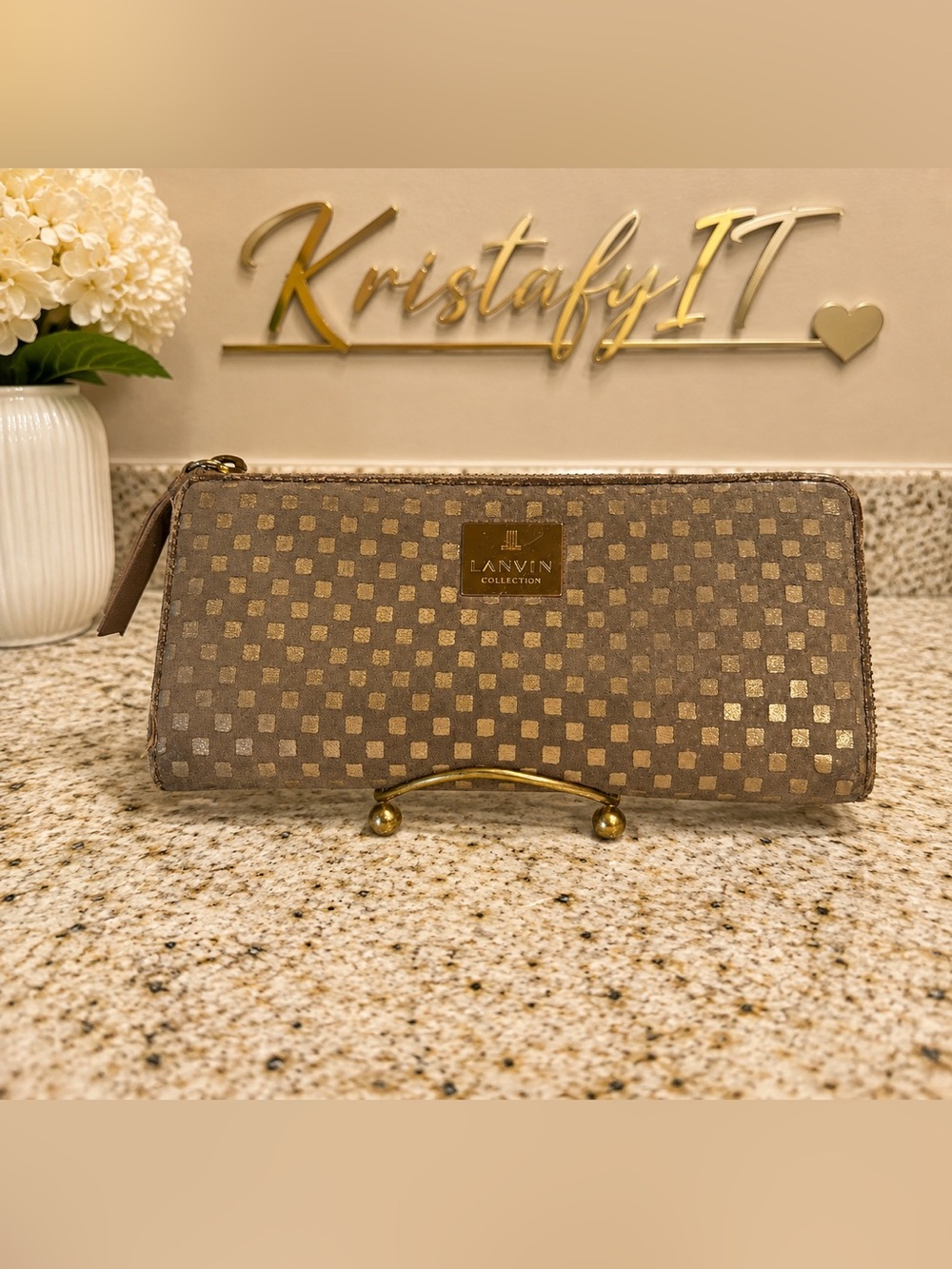 LANVIN Collection Gold Checkered Zip Around Long Wallet Beige Brown